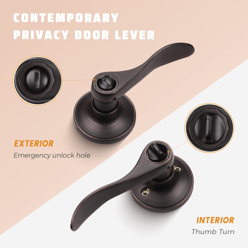KNOBWELL 3 Pack Bronze Lever Door Handles Privacy Door Knobs Interior Door Handles, Keyless Bedroom Door Knobs with Lock, Wave Style Round Door Handle Levers - Image 2